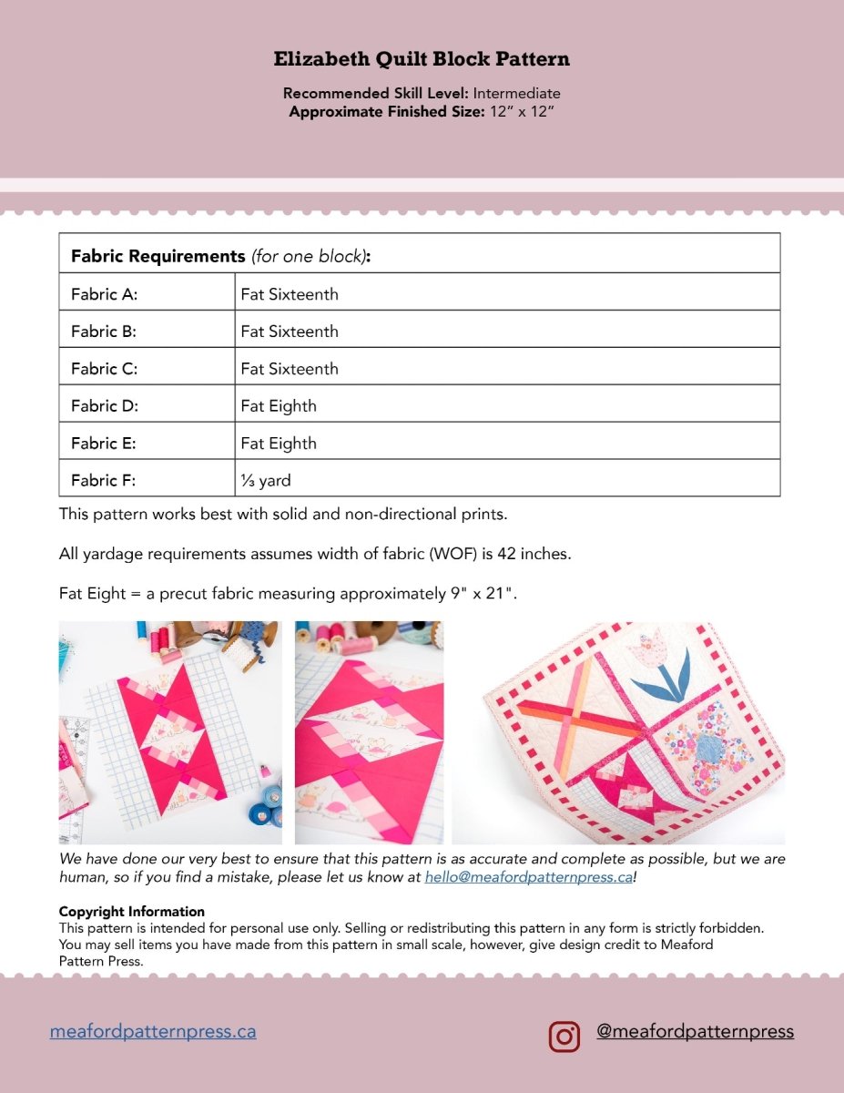 Intermediate Quilt Block Patterns FPP Quilt Block Pattern | Elizabeth Intermediate Quilt Pattern ...