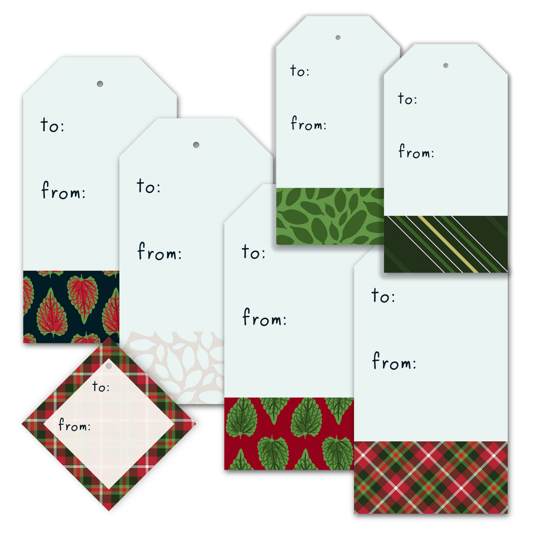 Set of printable pdf Christmas-themed gift tags with various patterns on a white background
