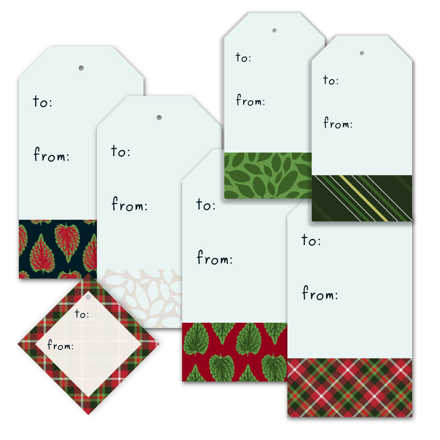 Set of printable pdf Christmas-themed gift tags with various patterns on a white background