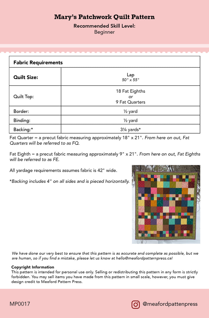 Mary's Patchwork Quilt Pattern - printed